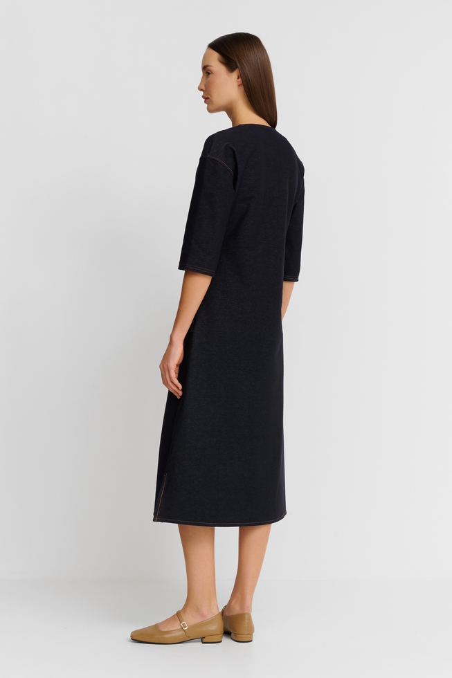 Синее платье миди с короткими рукавами 3