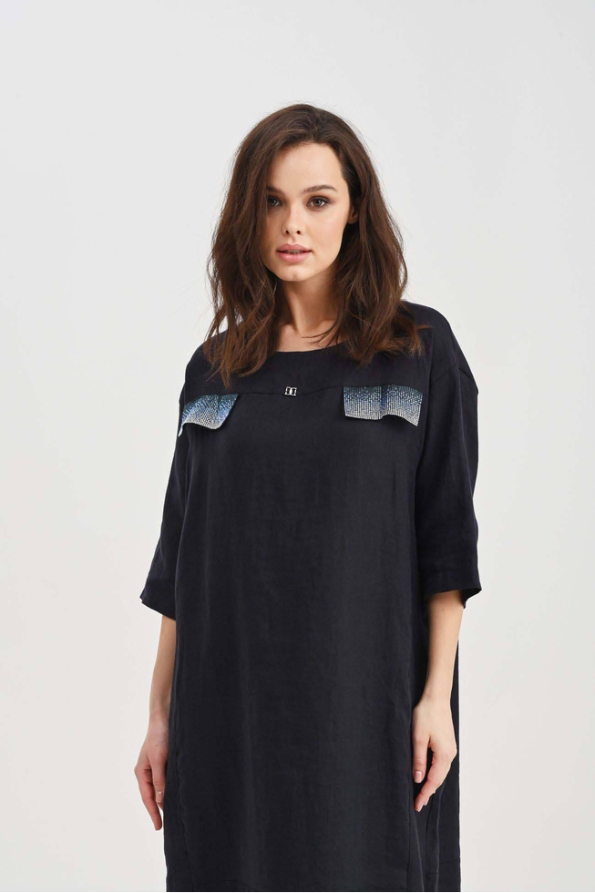  Длинное льняное платье со стразами  3