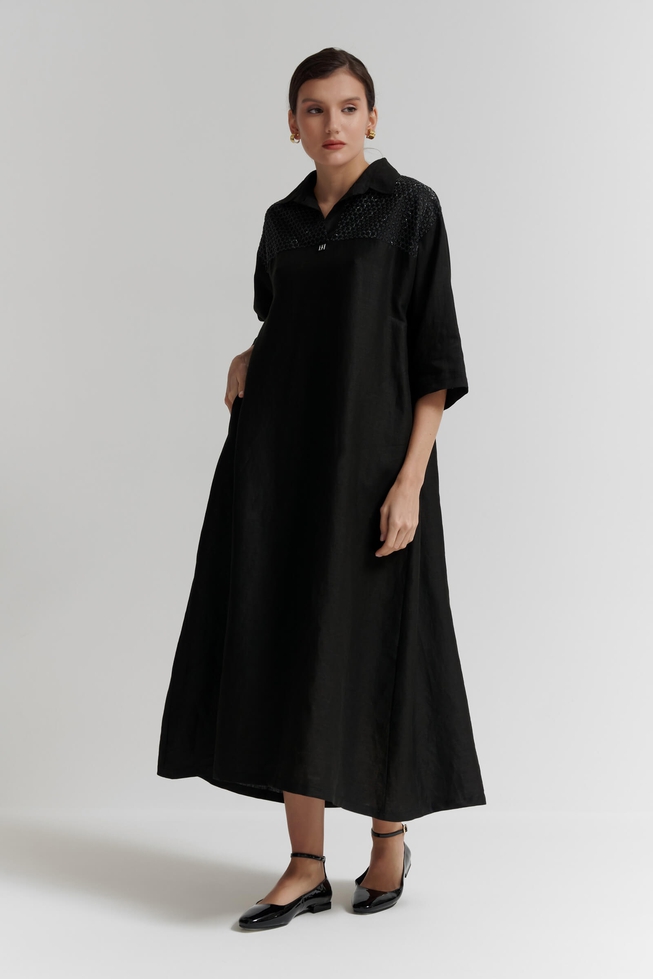  Длинное черное льняное платье  1