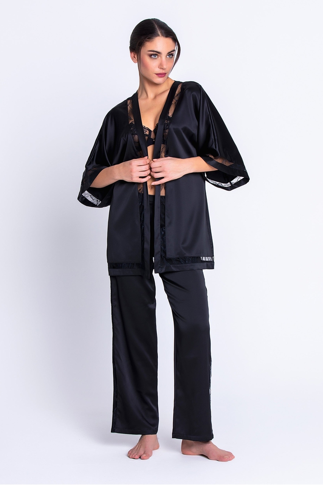  Женский домашний черный топ-блузка из шелка с кружевом  1