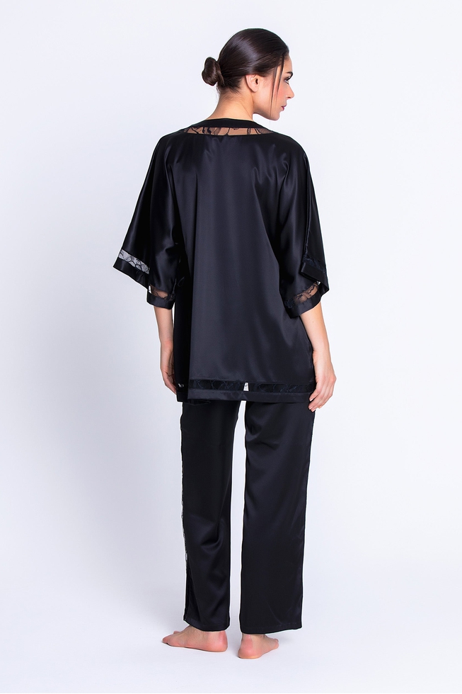 Женский домашний черный топ-блузка из шелка с кружевом 2