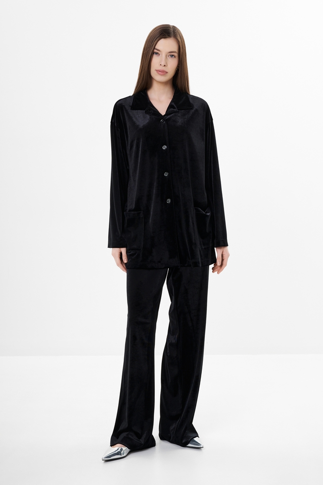  Черная блузка с длинным рукавом из велюра  3