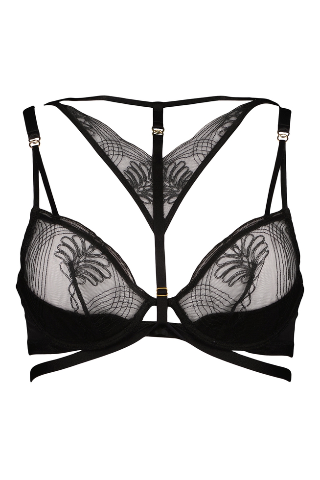 Чёрный бюстгальтер на косточках с вышивкой  10