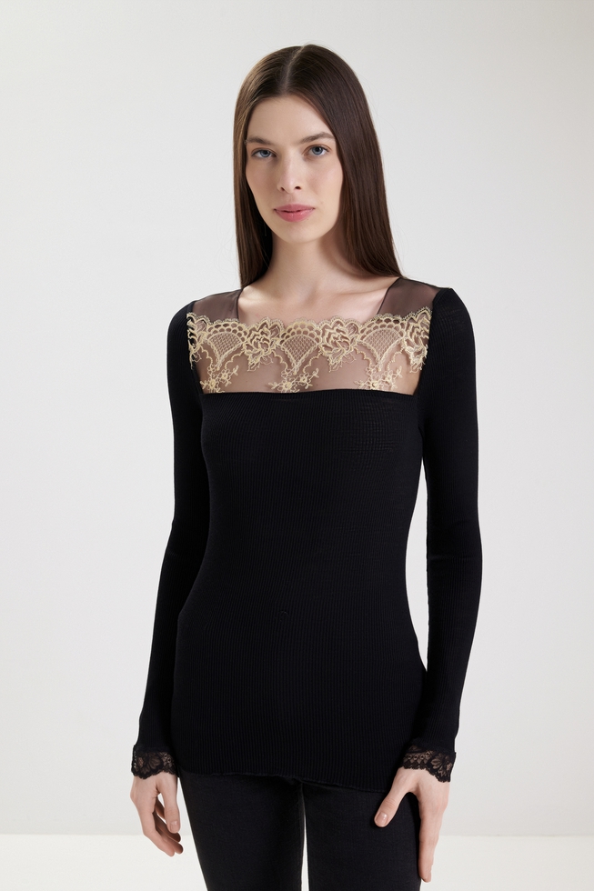 Женский черный домашний топ из шерсти с кружевом 1