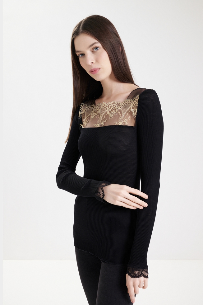 Женский черный домашний топ из шерсти с кружевом 2