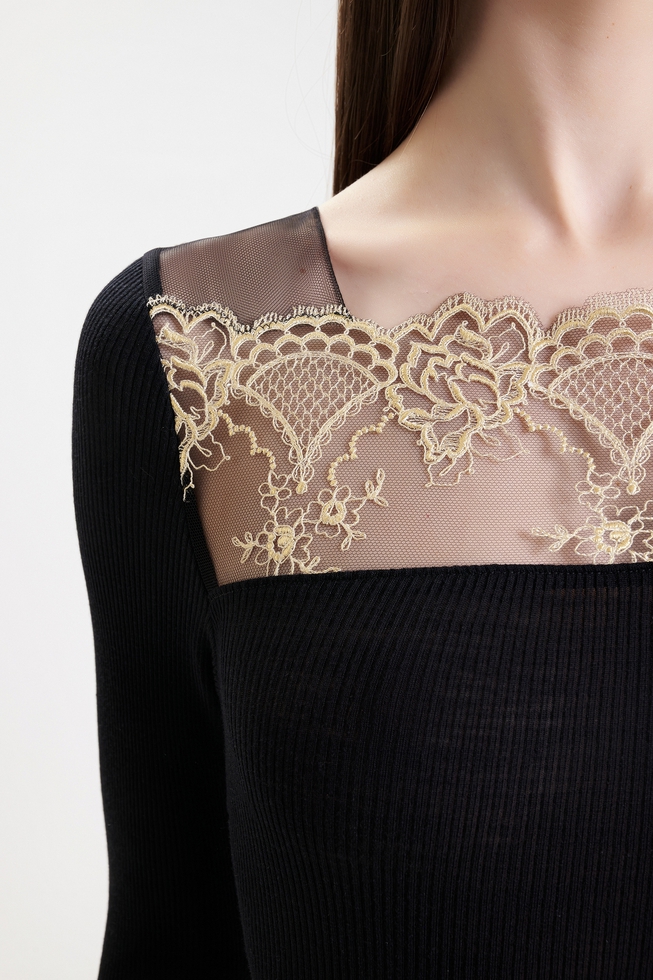 Женский черный домашний топ из шерсти с кружевом 4