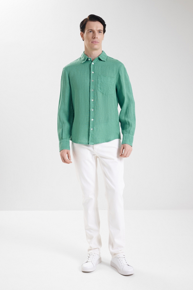 Мужская льняная рубашка с карманом  3