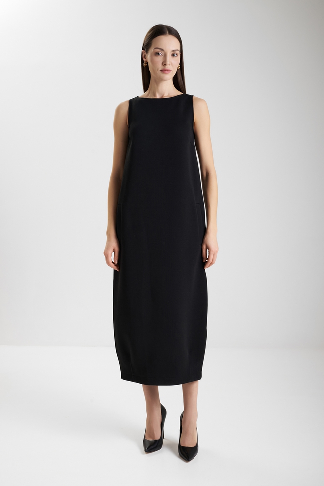  Длинное черное платье с карманами   1