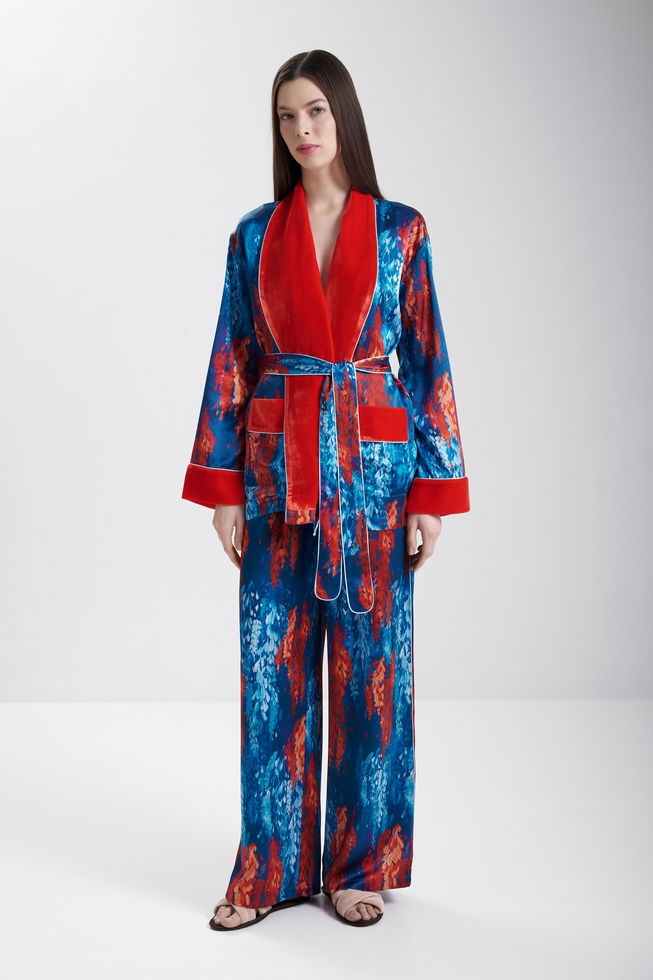  Женская шелковая пижама с брюками  1