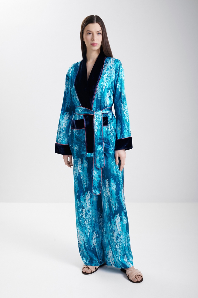  Женский шелковый халат с брюками  1