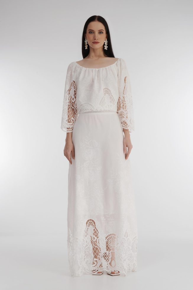 Белая длинная юбка с кружевом 3