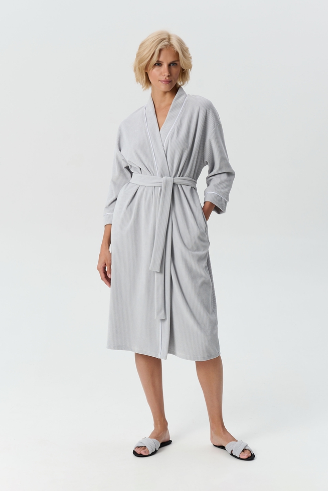 Женский серый халат миди в рубчик 3