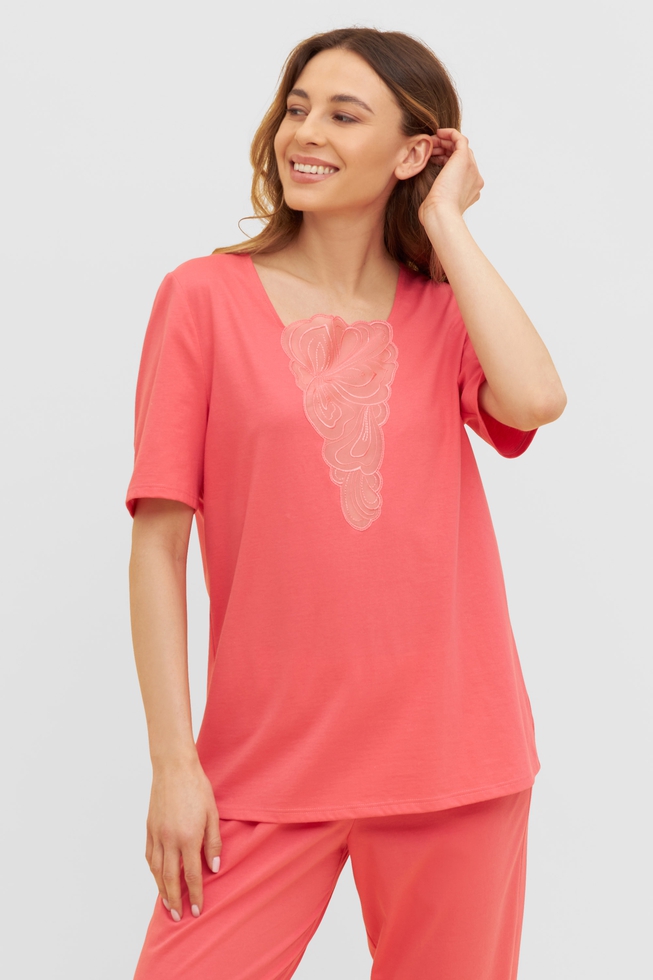  Женский красный домашний костюм (блузка с капри)  3