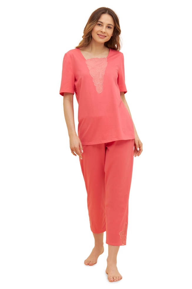  Женский красный домашний костюм (блузка с капри)  4