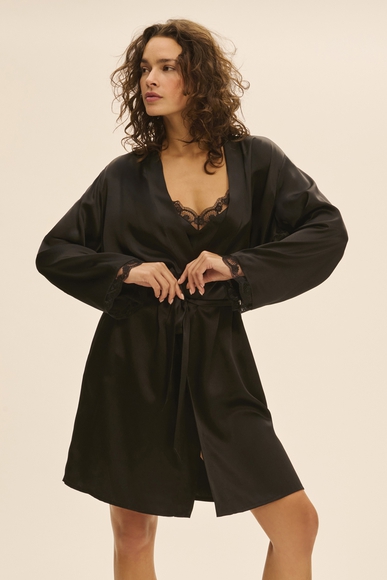  Женский шелковый черный халат миди  Simone Perele 1F8982 купить в интернет-магазине Bestelle фото 3