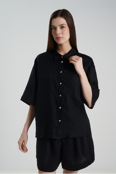 Льняная черная блузка с коротким рукавом Norveg 23LWSO3CN купить в интернет-магазине Bestelle фото 1