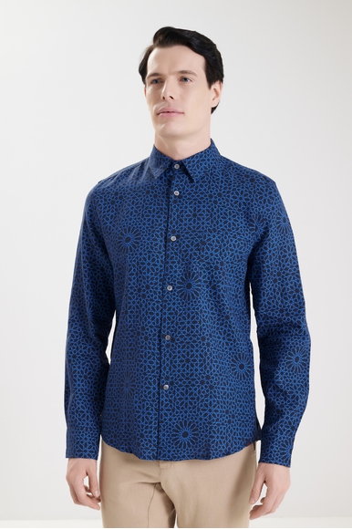 Мужская синяя рубашка из льна Derek Rose 9820-MILA купить в интернет-магазине Bestelle фото 1