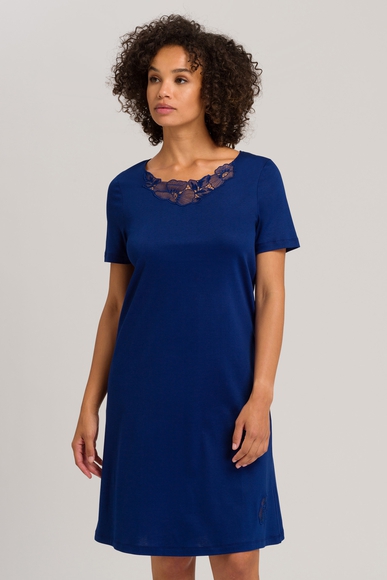 Женская синяя хлопковая сорочка с кружевом миди Hanro 076047 купить в интернет-магазине Bestelle фото 1