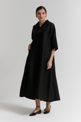  Длинное черное льняное платье 