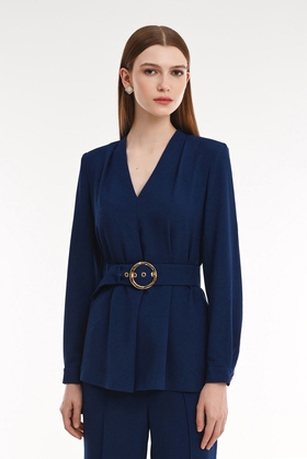 Женская синяя блузка с V-образным вырезом