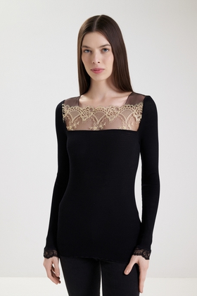 Женский черный домашний топ из шерсти с кружевом