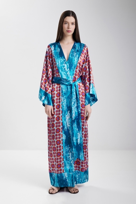  Женский длинный шелковый халат с принтом 