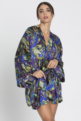 Женский короткий шелковый халат-пеньюар