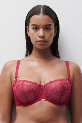  Красный бюстгальтер-балконет на косточках с вышивкой 