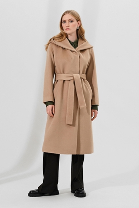 Женское демисезонное бежевое пальто с капюшоном 