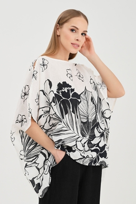  Льняная свободная блузка с крупным цветочным принтом 