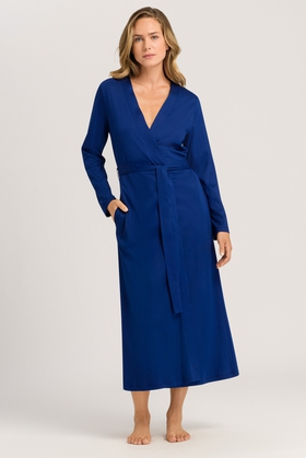 Женский синий длинный халат из хлопка