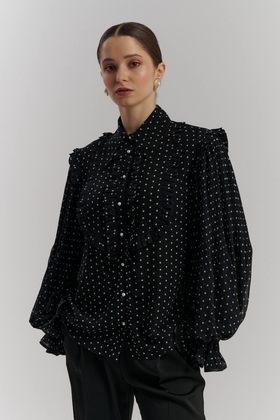 Чёрная женская блузка в горошек